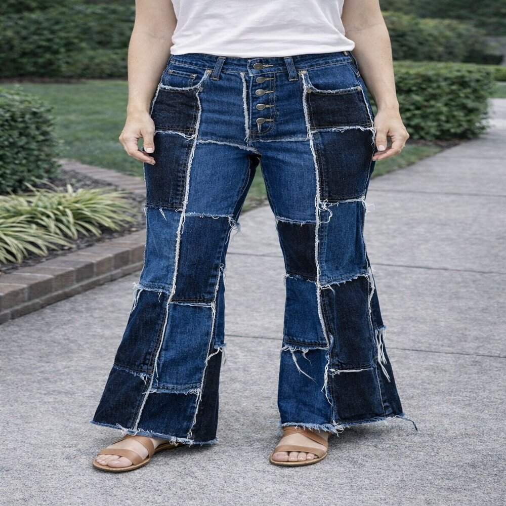 Handmade Patchwork Color Block Flare Jeans Raw Hem Reconstructed‎ Denim Size 28